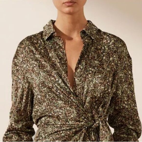 NWT SHONA JOY AVRIEL TIE FRONT SHIRT MINI DRESS IN CHOC Size 8 - Picture 3 of 16